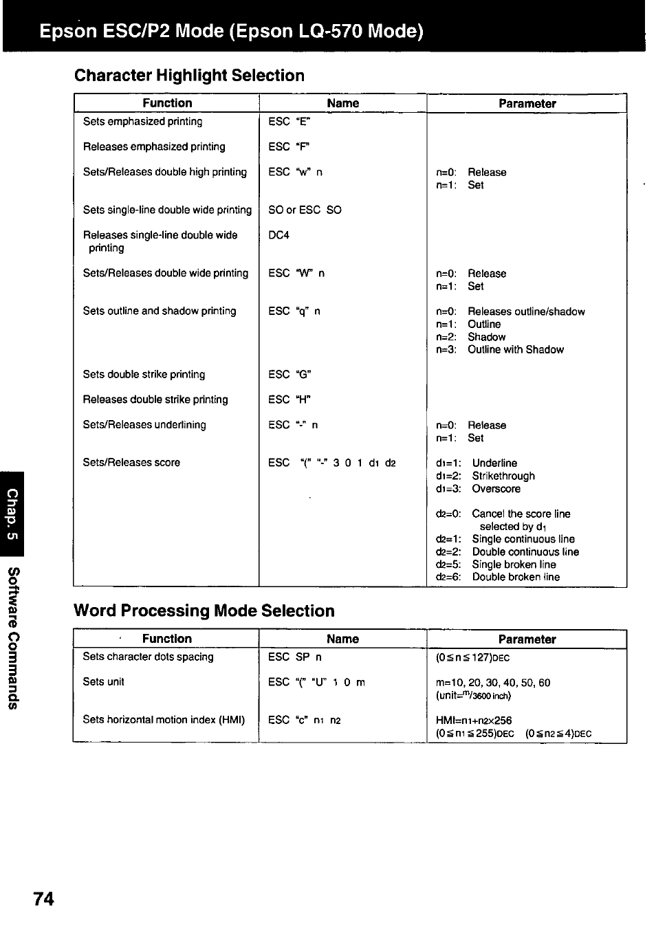 Character highlight selection, Word processing mode selection, Epson esc/p2 mode (epson lq-570 mode) | Panasonic KX-P3123 User Manual | Page 74 / 116