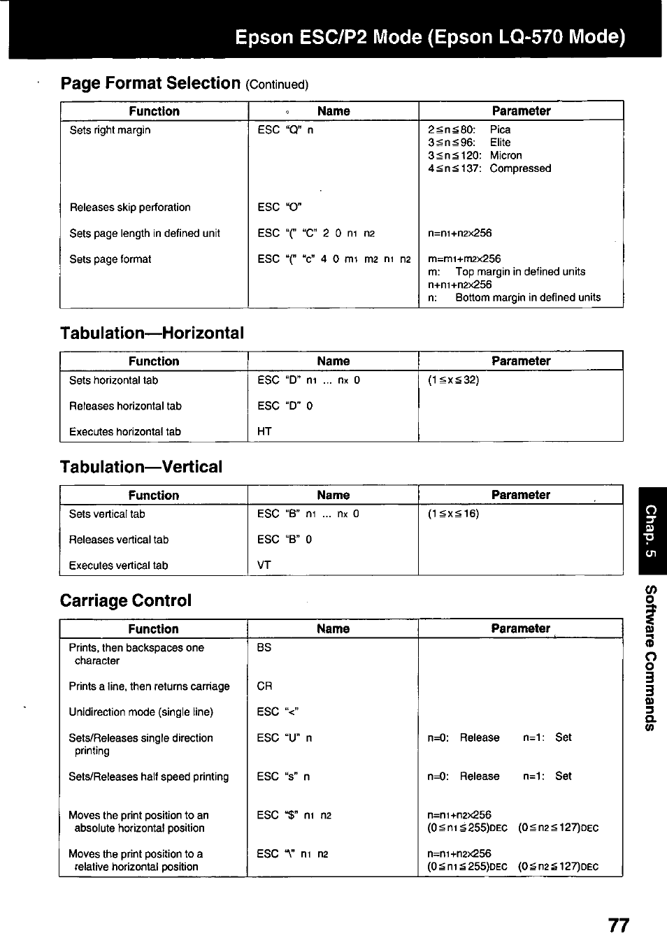 Tabulation—horizontal, Tabulation—vertical, Carriage control | Epson esc/p2 mode (epson lq-570 mode), Page format selection | Panasonic KX-P3123 User Manual | Page 77 / 116