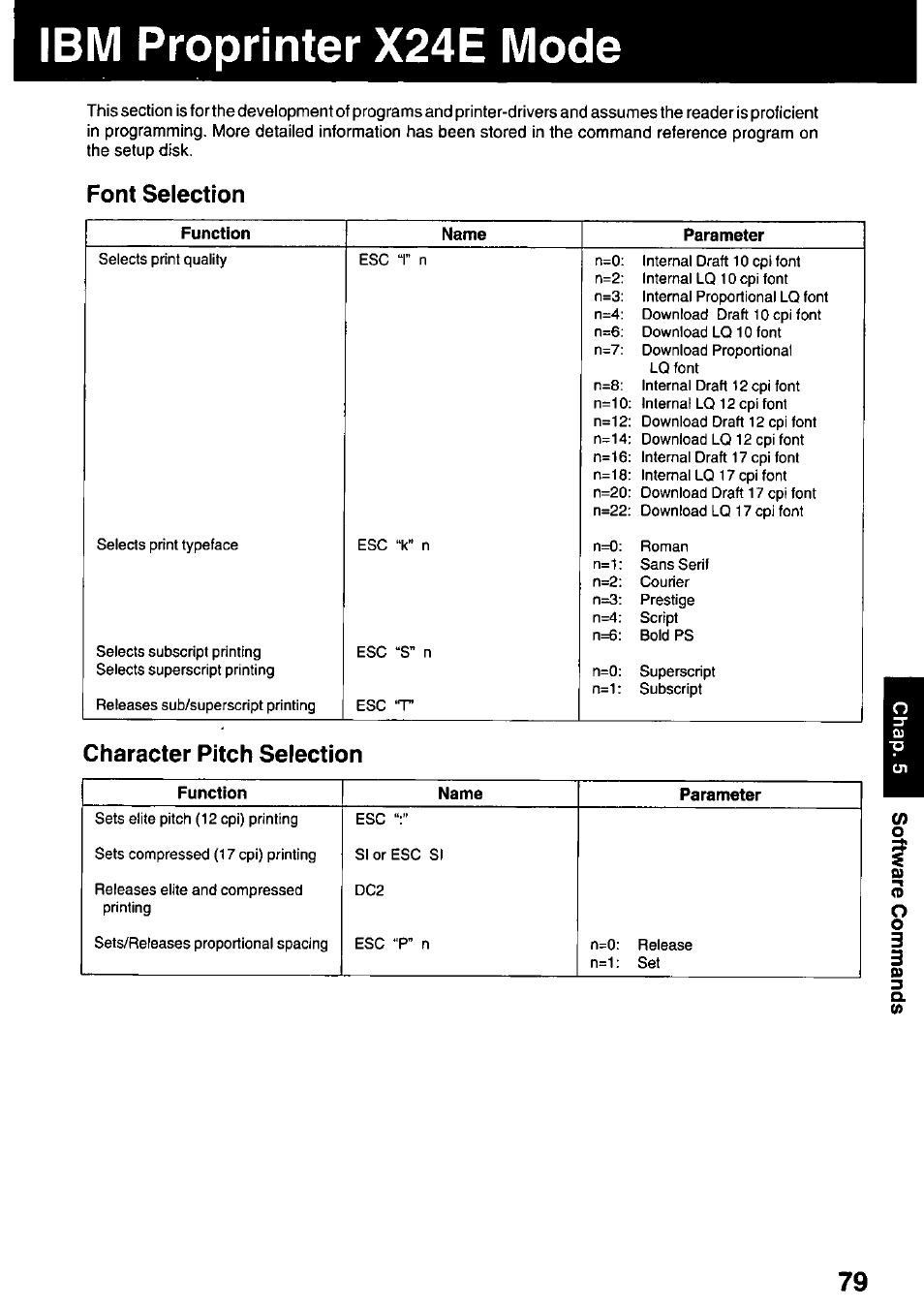 Ibm proprinter x24e mode, Font selection, Character pitch selection | Panasonic KX-P3123 User Manual | Page 79 / 116