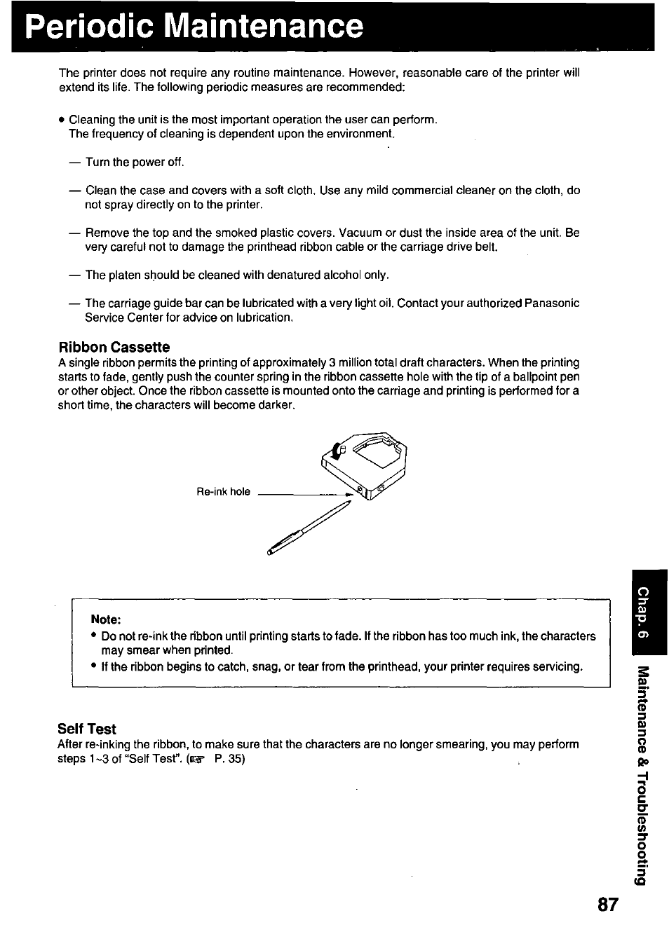 Periodic maintenance, Ribbon cassette, Note | Self test | Panasonic KX-P3123 User Manual | Page 87 / 116