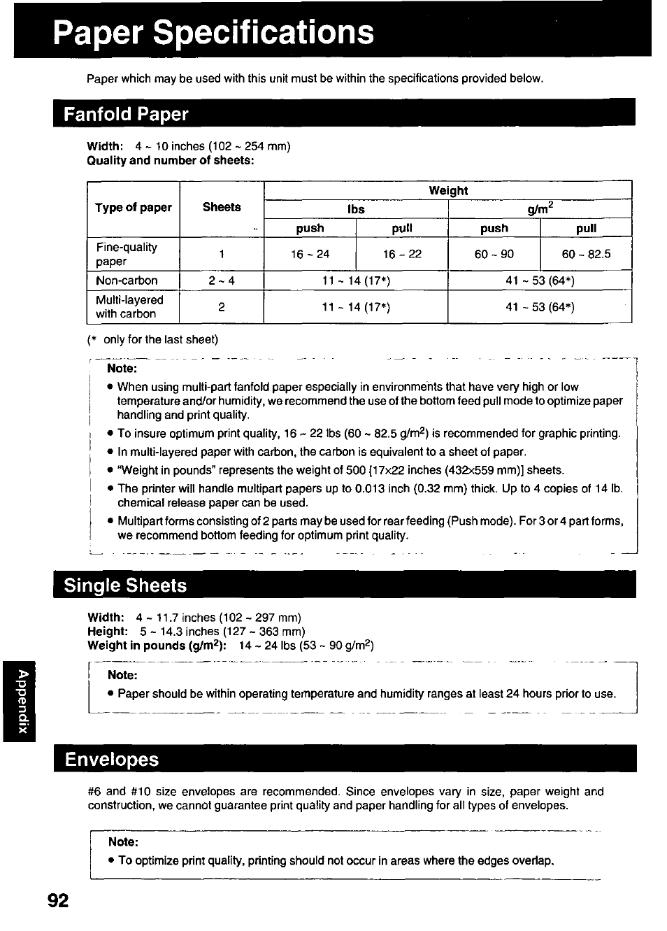 Paper specifications, Fanfold paper, Single sheets | Envelopes | Panasonic KX-P3123 User Manual | Page 92 / 116