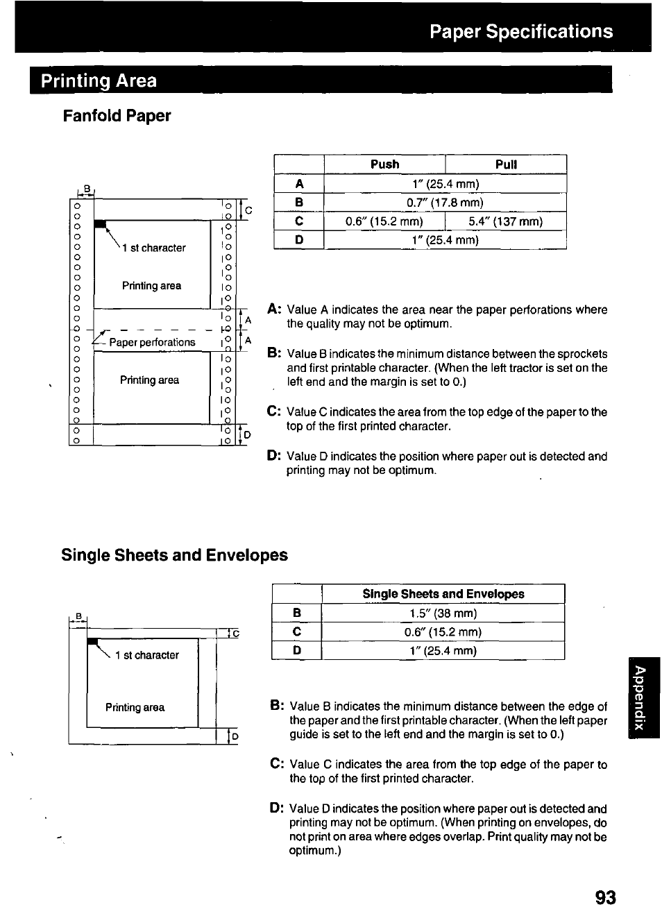 Printing area, Fanfold paper, Paper specifications | Single sheets and envelopes | Panasonic KX-P3123 User Manual | Page 93 / 116