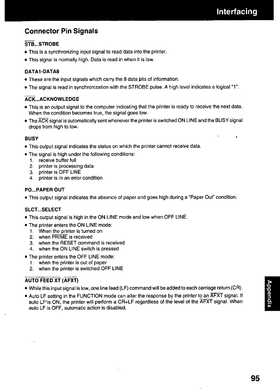 Interfacing, Connector pin signals, Stb...strobe | Data1-data8, Ack...acknowledge, Busy, Po...paper out | Panasonic KX-P3123 User Manual | Page 95 / 116