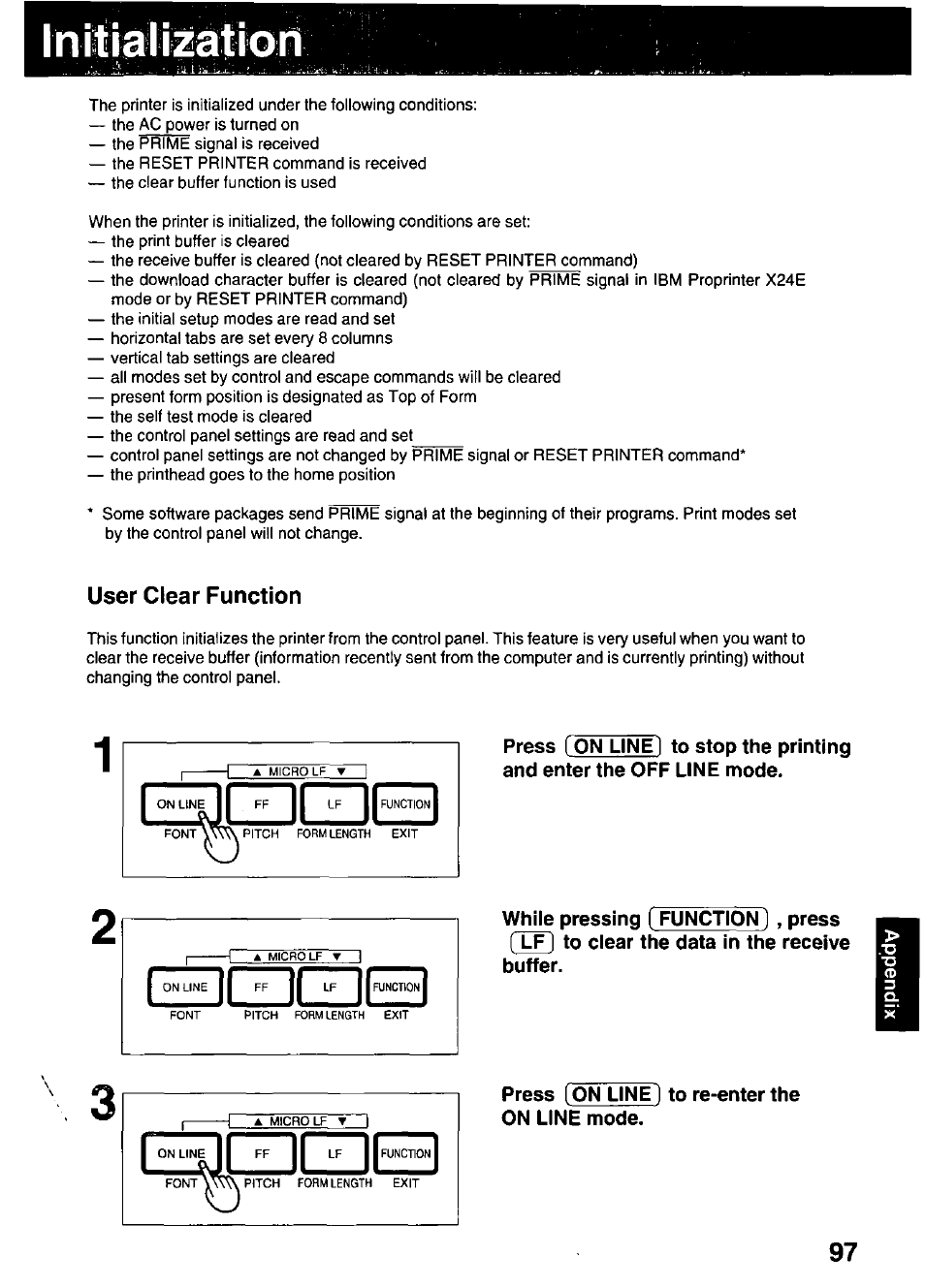 Inilializalion, User clear function, Press (on line) to re-enter the on line mode | Initialization | Panasonic KX-P3123 User Manual | Page 97 / 116