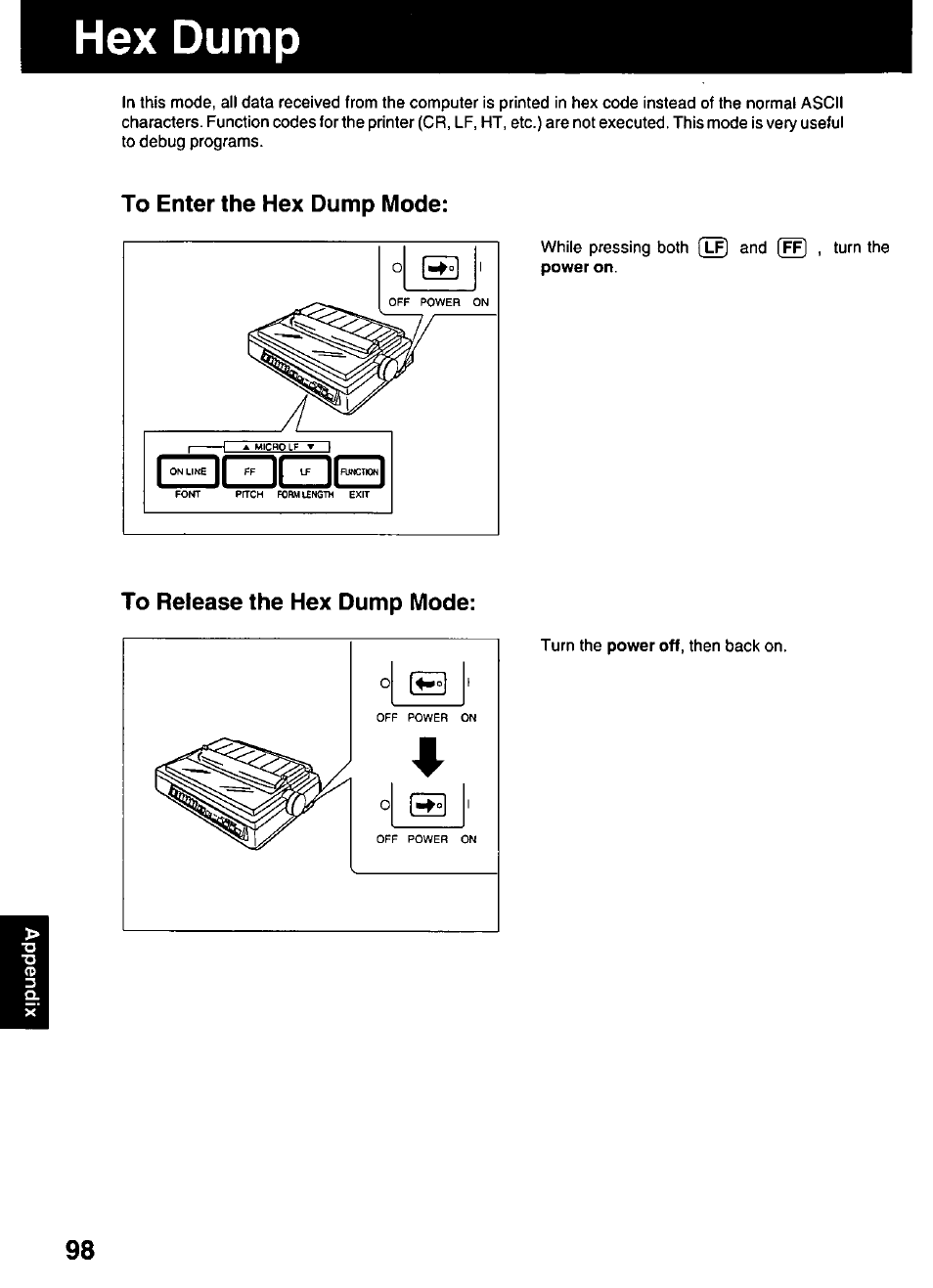 Hex dump, To enter the hex dump mode, To release the hex dump mode | Panasonic KX-P3123 User Manual | Page 98 / 116