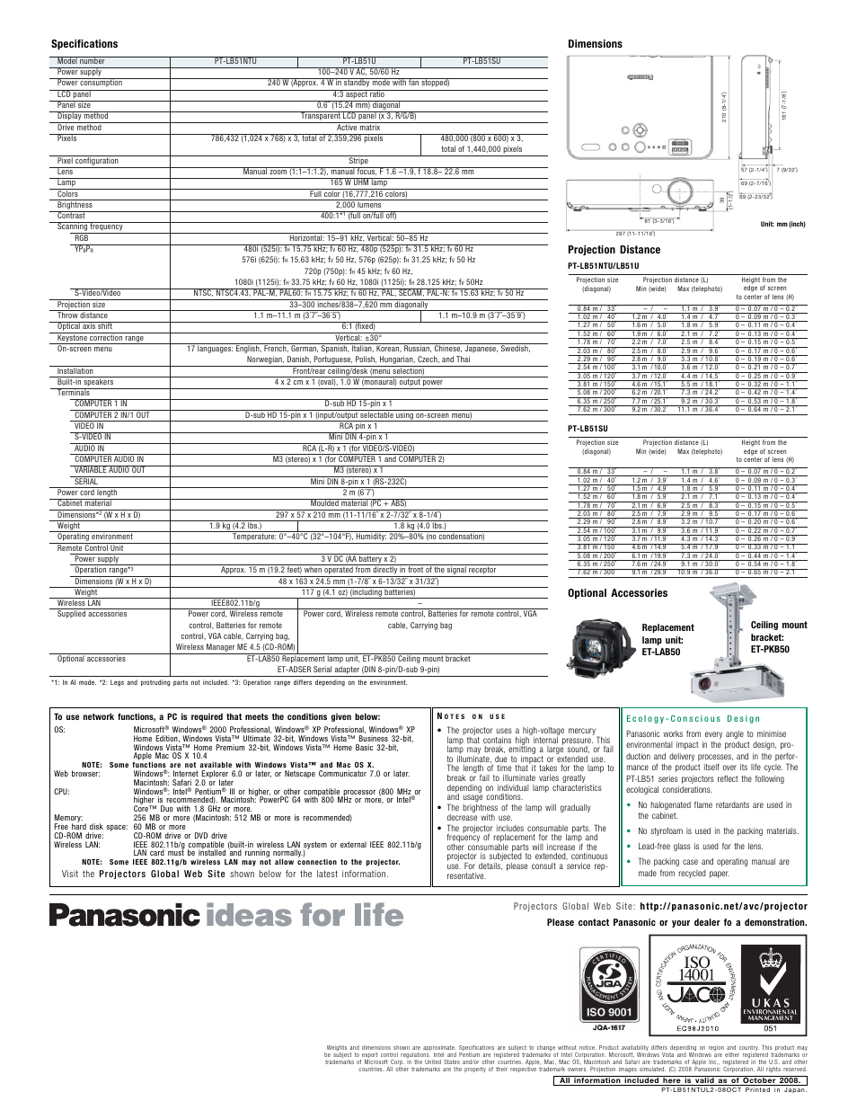Specifications, Projection distance, Optional accessories | Dimensions | Panasonic PT-LB51 Series User Manual | Page 4 / 4