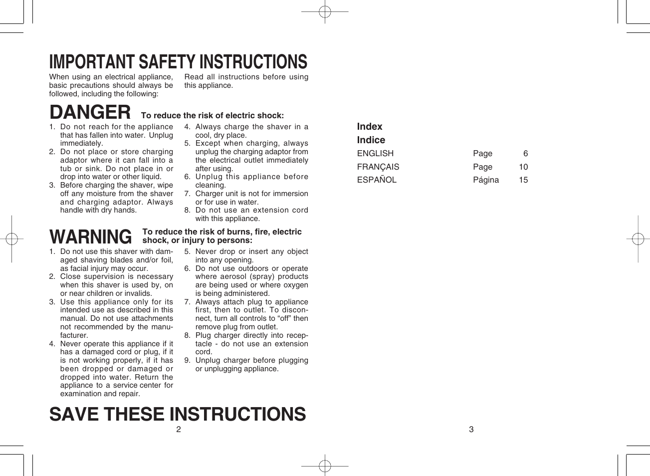 Important safety instructions, Warning, Danger | Save these instructions | Panasonic ES4027 User Manual | Page 2 / 10