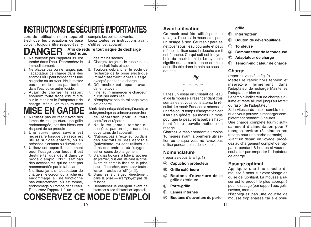 Instructions de sécurité importantes, Danger, Mise en garde | Conservez ce mode d’emploi | Panasonic ES4027 User Manual | Page 6 / 10