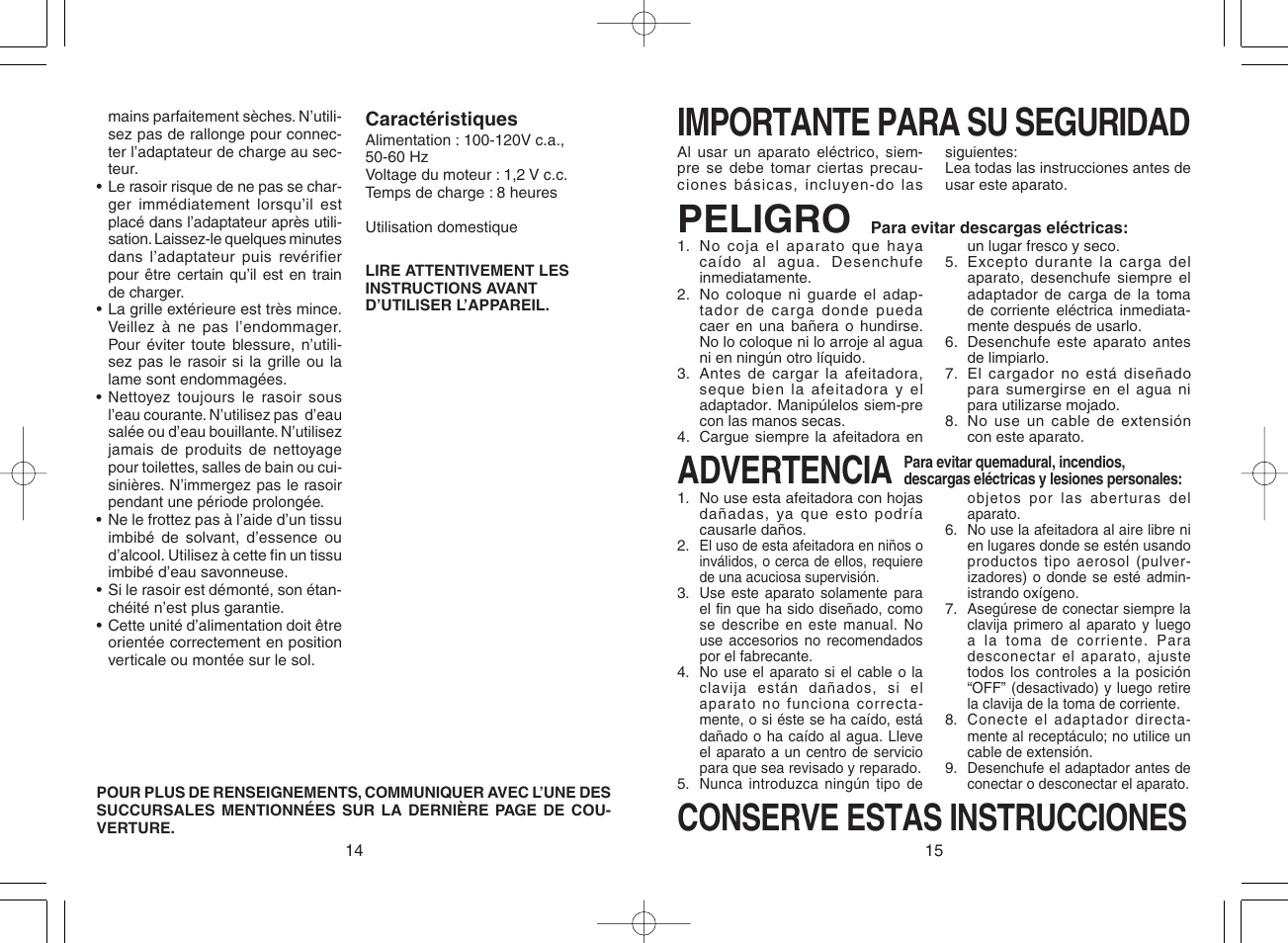 Importante para su seguridad, Peligro, Advertencia | Conserve estas instrucciones | Panasonic ES4027 User Manual | Page 8 / 10