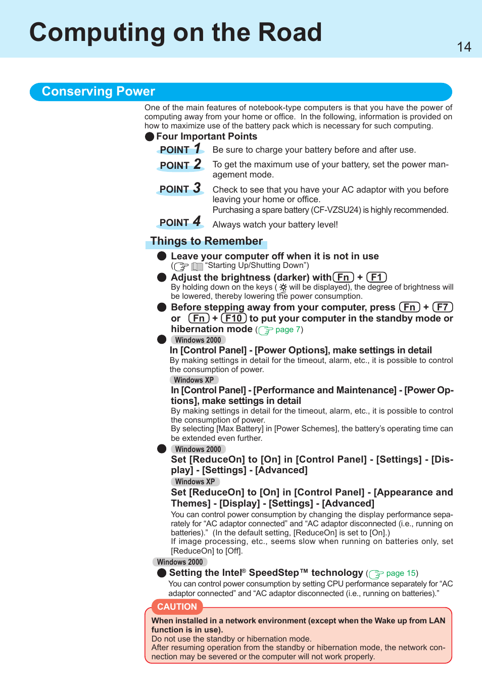 Computing on the road, Conserving power | Panasonic CF-R1 User Manual | Page 14 / 52