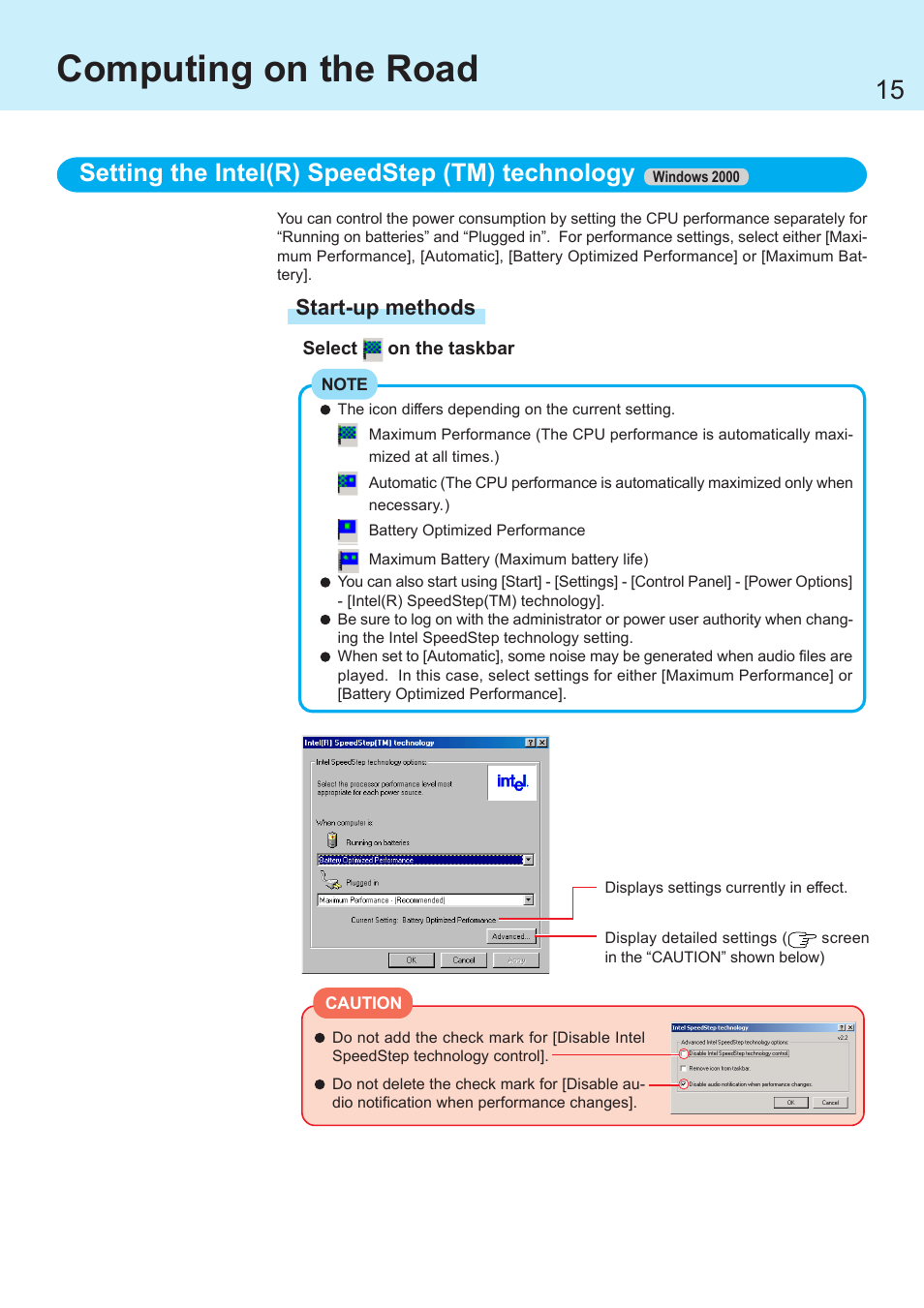 Computing on the road, Setting the intel(r) speedstep (tm) technology | Panasonic CF-R1 User Manual | Page 15 / 52