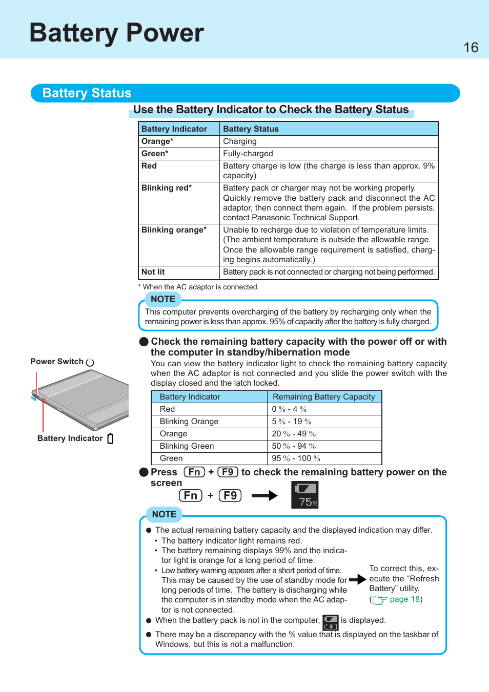 Battery power, Ing battery capacity on the screen, Battery status | Fn + f9 | Panasonic CF-R1 User Manual | Page 16 / 52