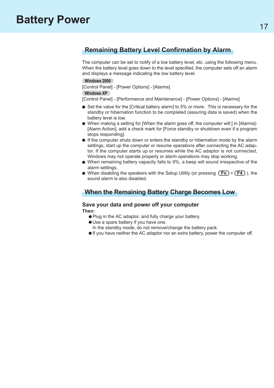 Battery power | Panasonic CF-R1 User Manual | Page 17 / 52