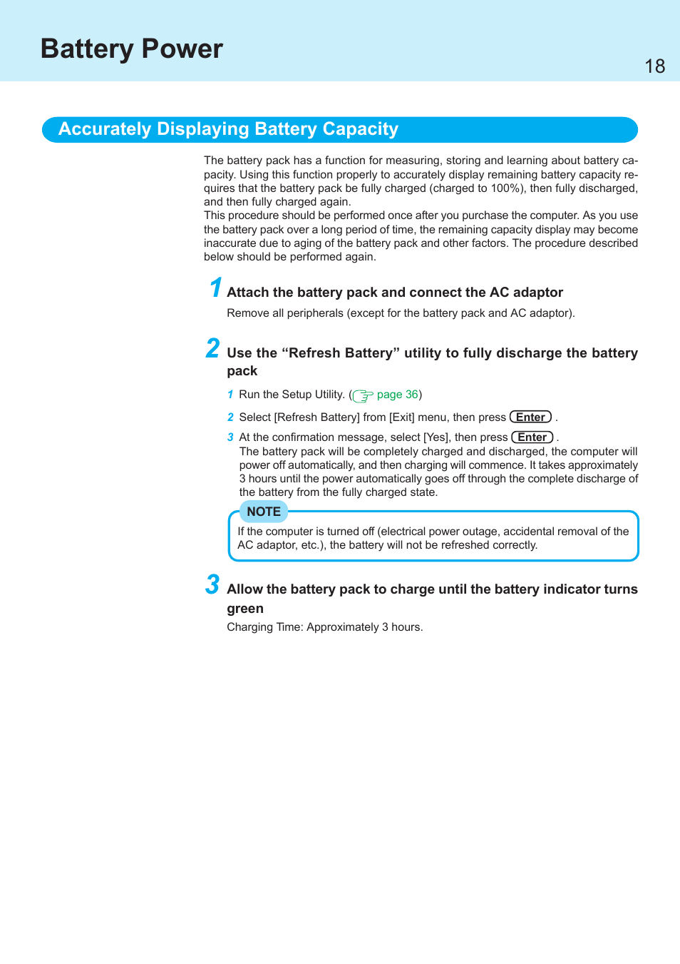 Battery power, Accurately displaying battery capacity | Panasonic CF-R1 User Manual | Page 18 / 52