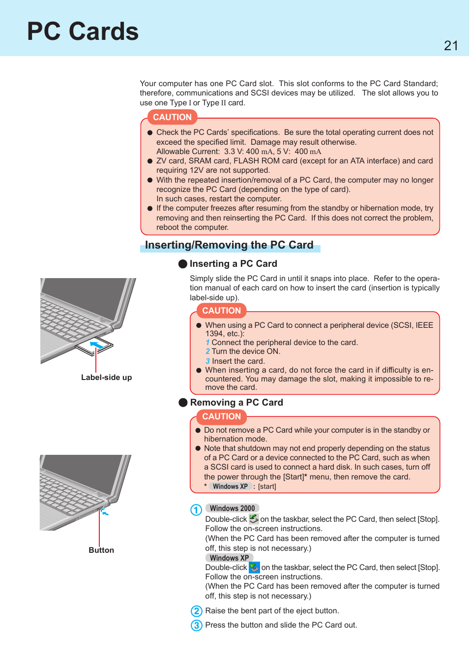 Pc cards, Inserting/removing the pc card | Panasonic CF-R1 User Manual | Page 21 / 52