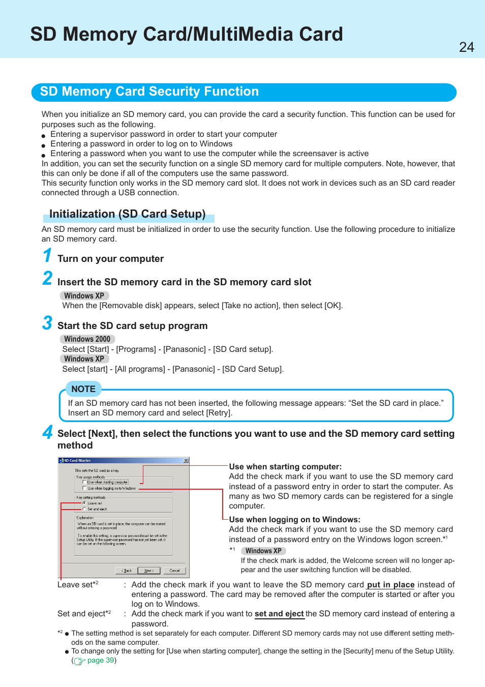 Indows, Initialization (sd card setup) | Panasonic CF-R1 User Manual | Page 24 / 52