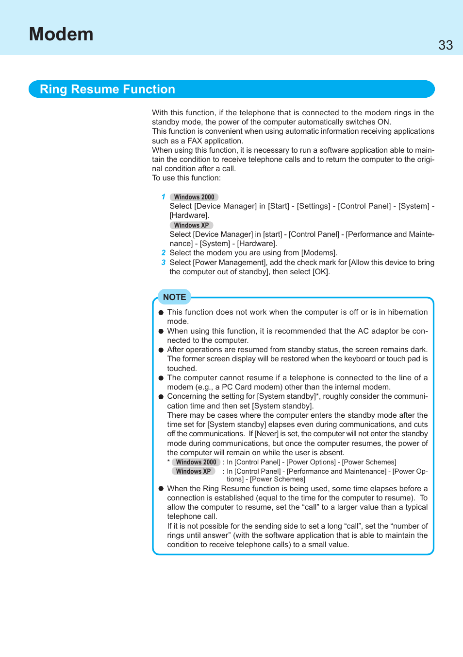 Modem, Ring resume function | Panasonic CF-R1 User Manual | Page 33 / 52