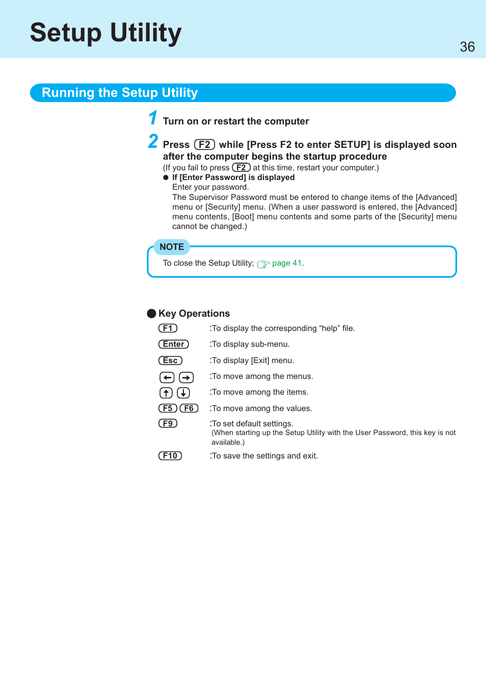 Setup utility, Running the setup utility | Panasonic CF-R1 User Manual | Page 36 / 52