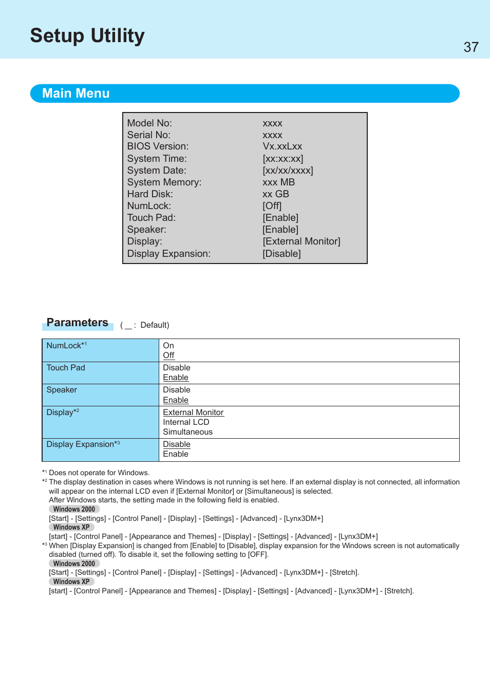 Utility, Or by the key combination, If the ram module is not | Setup utility, Main menu, Parameters | Panasonic CF-R1 User Manual | Page 37 / 52