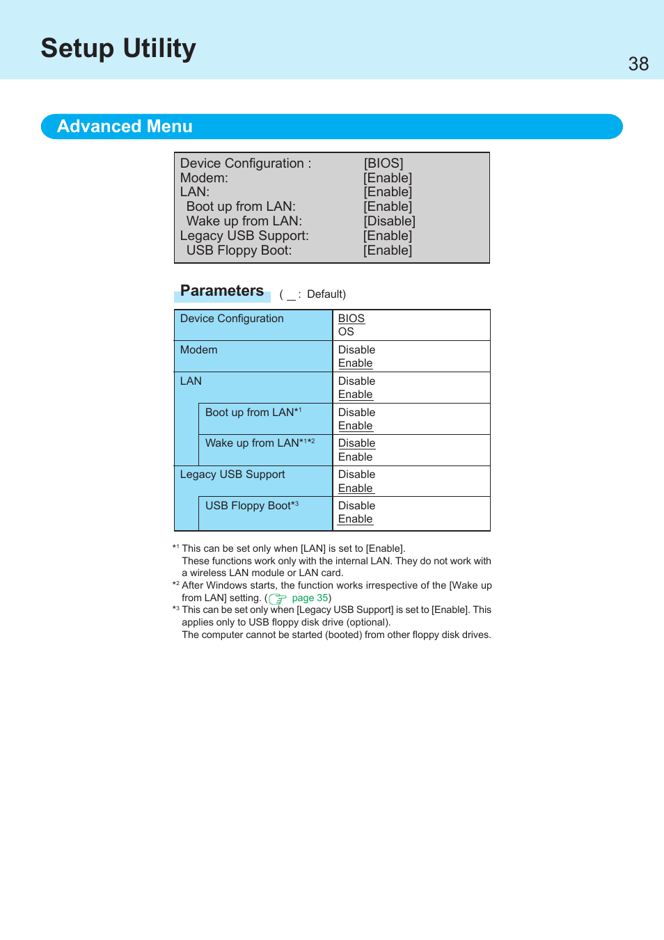 Setup utility, Advanced menu, Parameters | Panasonic CF-R1 User Manual | Page 38 / 52