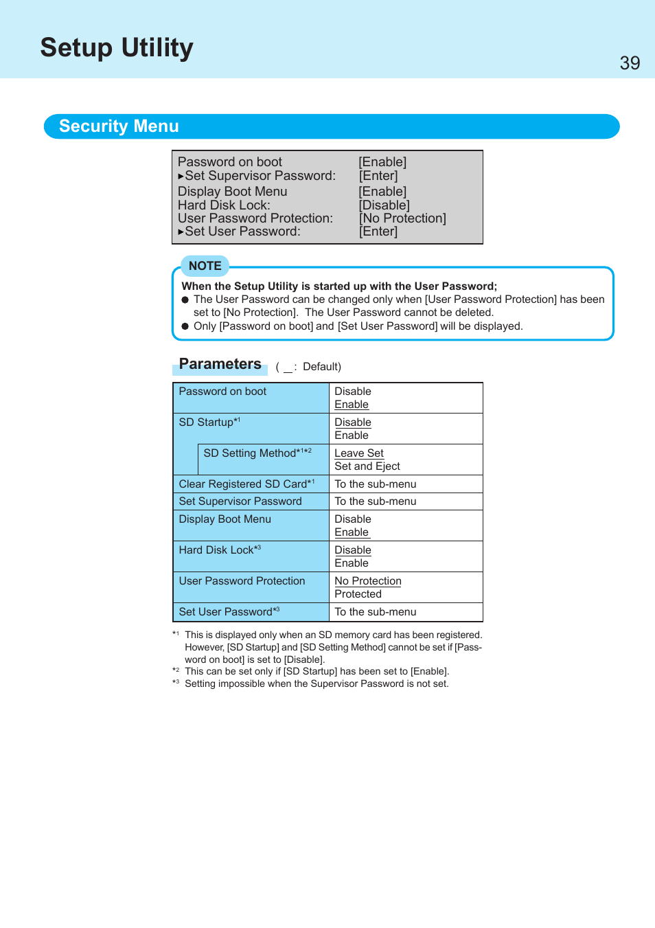 Setup utility, Security menu, Parameters | Panasonic CF-R1 User Manual | Page 39 / 52