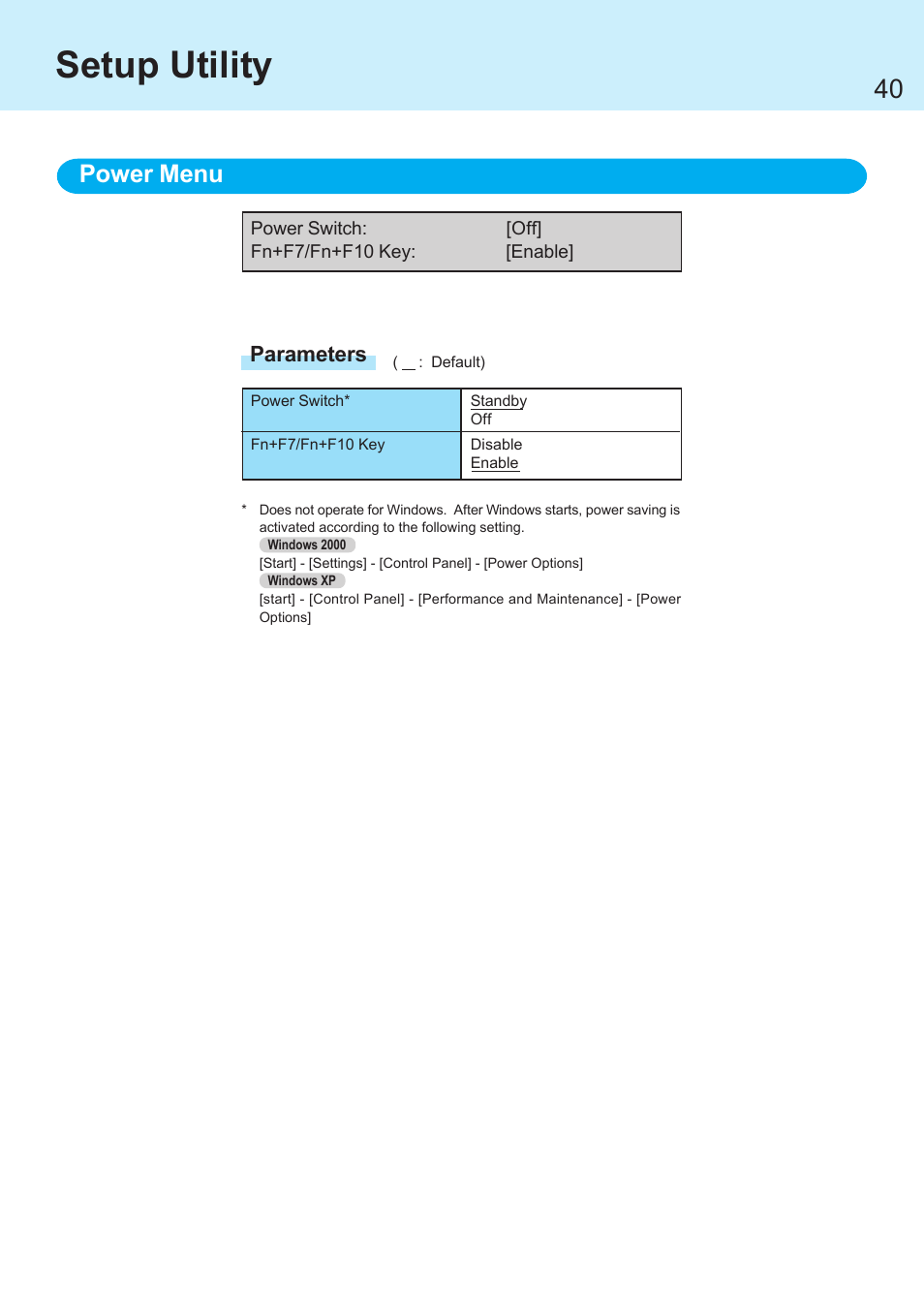 Setup utility, Power menu | Panasonic CF-R1 User Manual | Page 40 / 52