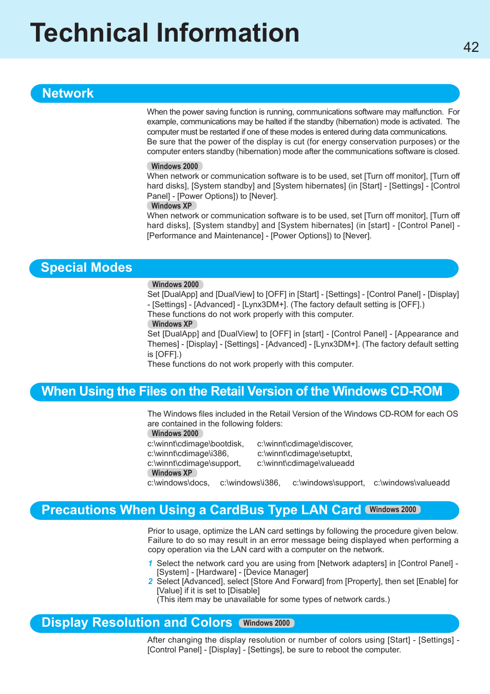 Technical information, Network, Display resolution and colors | Panasonic CF-R1 User Manual | Page 42 / 52