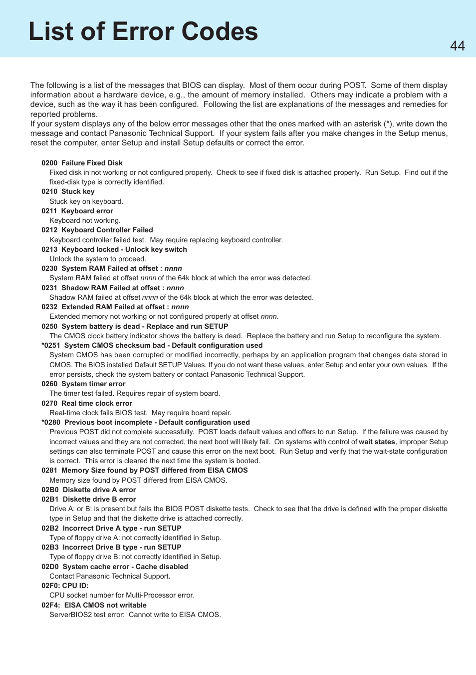 List of error codes | Panasonic CF-R1 User Manual | Page 44 / 52