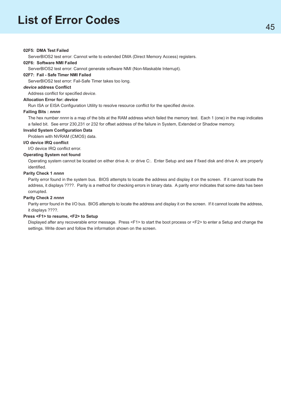 List of error codes | Panasonic CF-R1 User Manual | Page 45 / 52