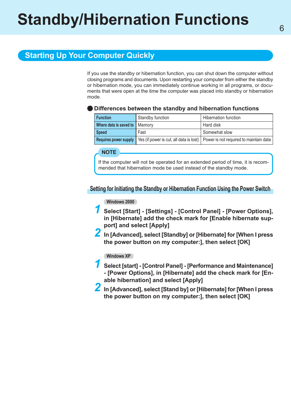 Standby/hibernation functions | Panasonic CF-R1 User Manual | Page 6 / 52