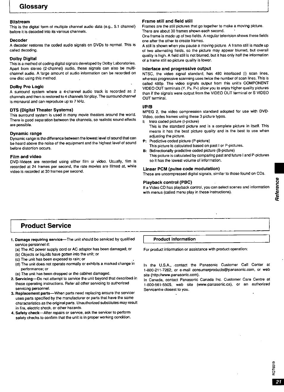 Glossary, Product service | Panasonic dvd-cp67 User Manual | Page 21 / 24