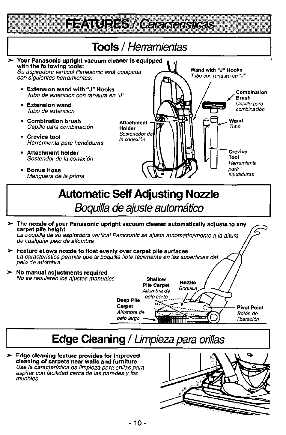 Automatic seif adjusting no2zle, Tools / heiramien, Automatic seif adjusting no | Zle boquilla de aduste automático, Edge cleaning / umpieza para orillas | Panasonic MC-V7581 User Manual | Page 10 / 28