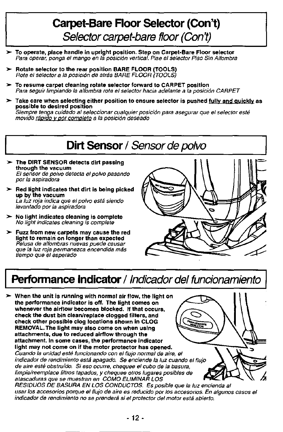 Carpet-bare floor selector (con’t), Dirt sensor / sensor de polvo | Panasonic MC-V7581 User Manual | Page 12 / 28
