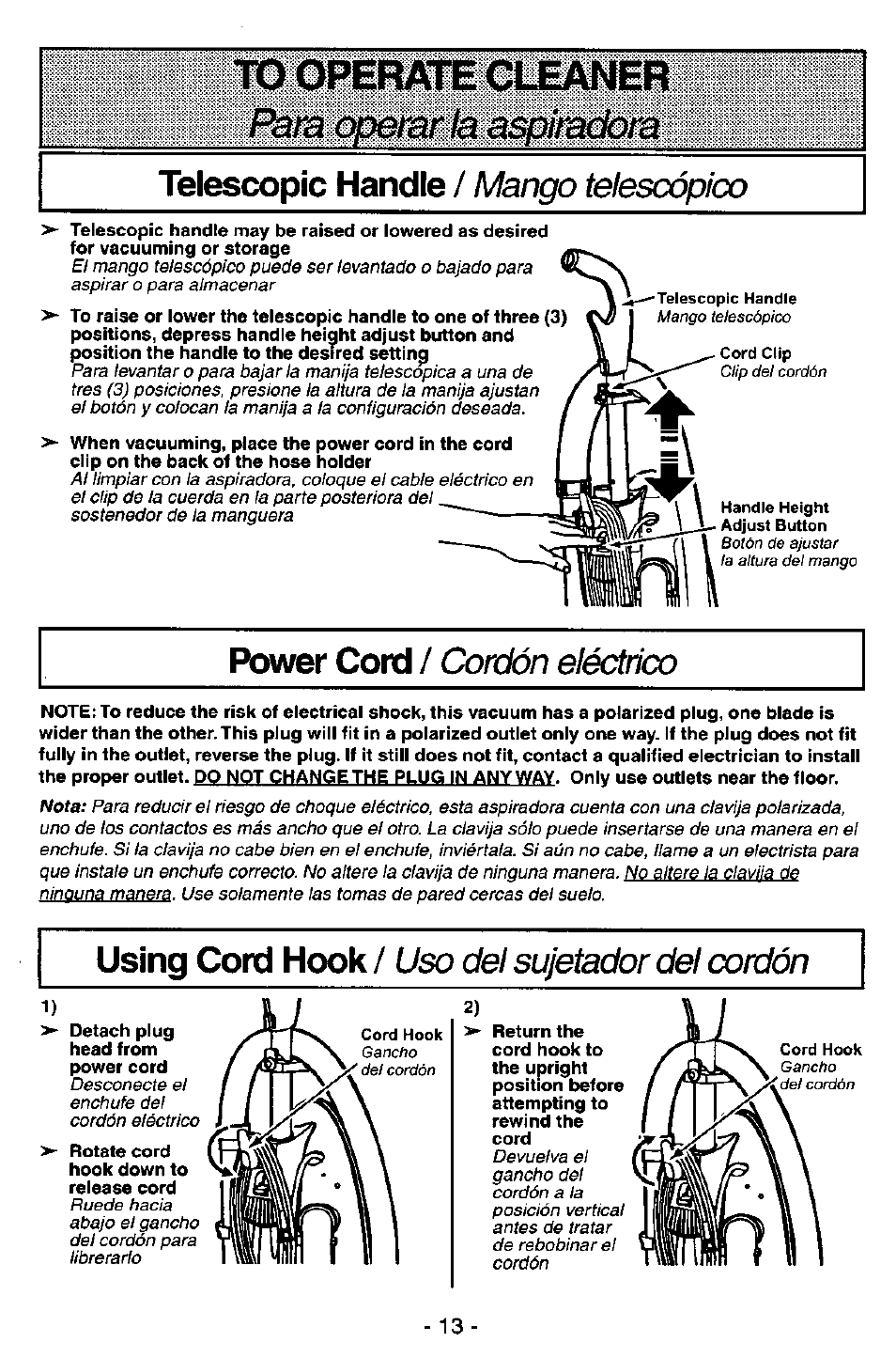Para operar la, Aspiradora, Cleaner | Telescopic handle / mango telescópico, Power cord / cordón eléctrico, Using cord hook / uso del sujetador del cordón | Panasonic MC-V7581 User Manual | Page 13 / 28