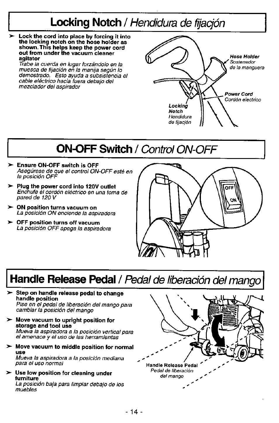 Locking notch / hendidura de fijaqón, Onoff switch / control on-off, Pedal de liberación del mango | Panasonic MC-V7581 User Manual | Page 14 / 28