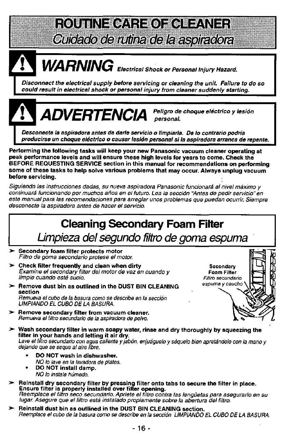 Cleaning secondary foam riter | Panasonic MC-V7581 User Manual | Page 16 / 28