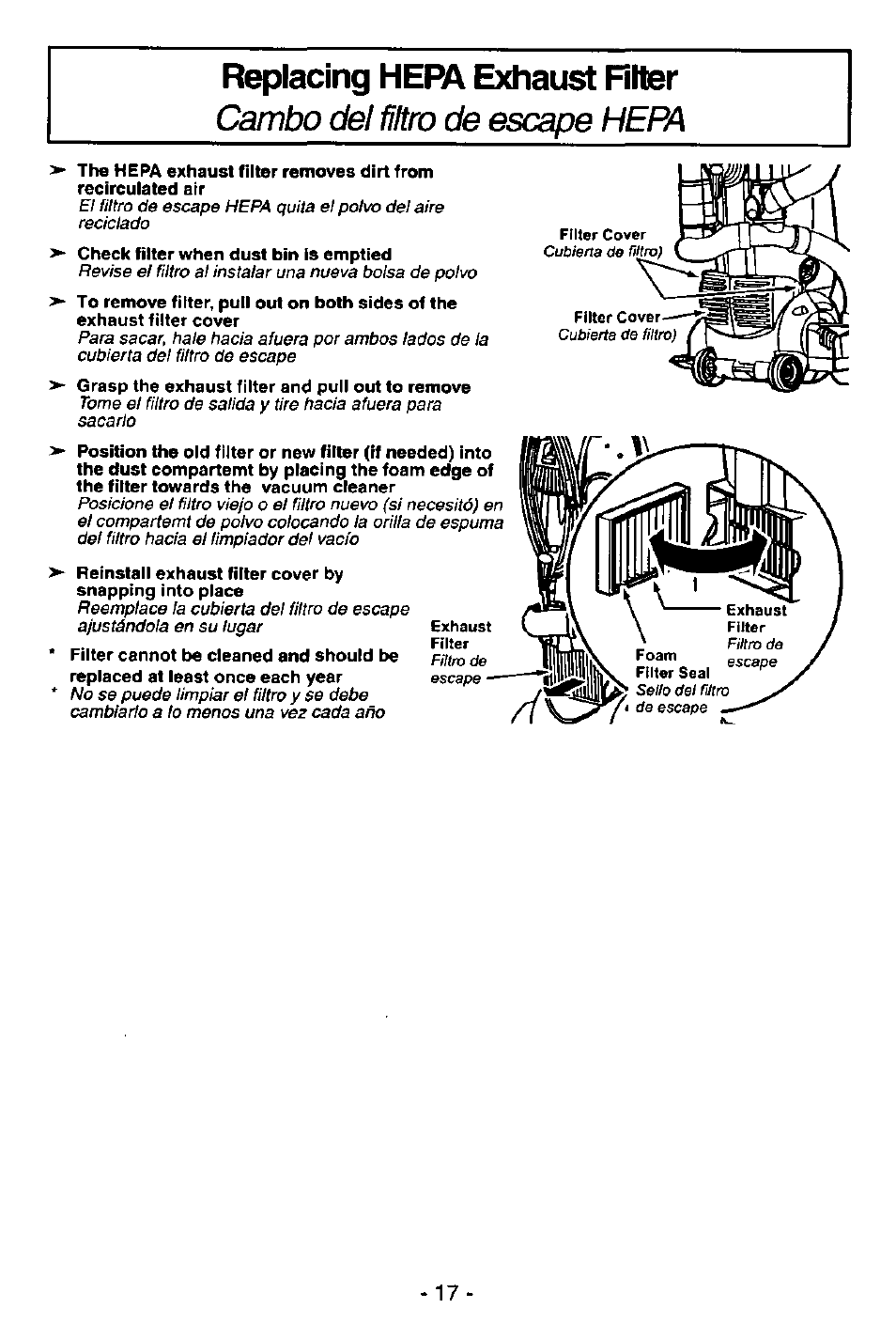Replacing hera exhaust filter, Cubierta de filtro) | Panasonic MC-V7581 User Manual | Page 17 / 28