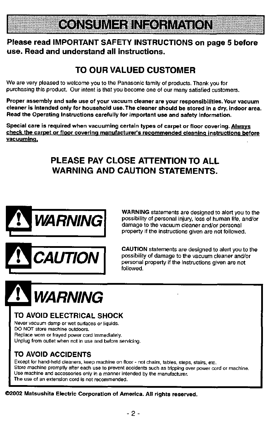 Warning, Caution | Panasonic MC-V7581 User Manual | Page 2 / 28