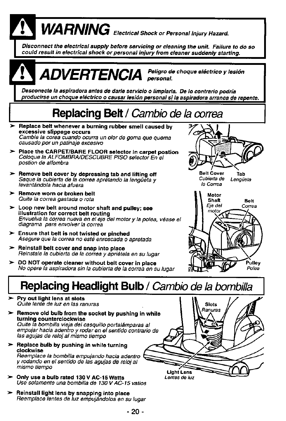 Replacing headlight bulb / cambio de ia bombilla, Warning, Advertencia | Replacing belt / cambio de la correa | Panasonic MC-V7581 User Manual | Page 20 / 28