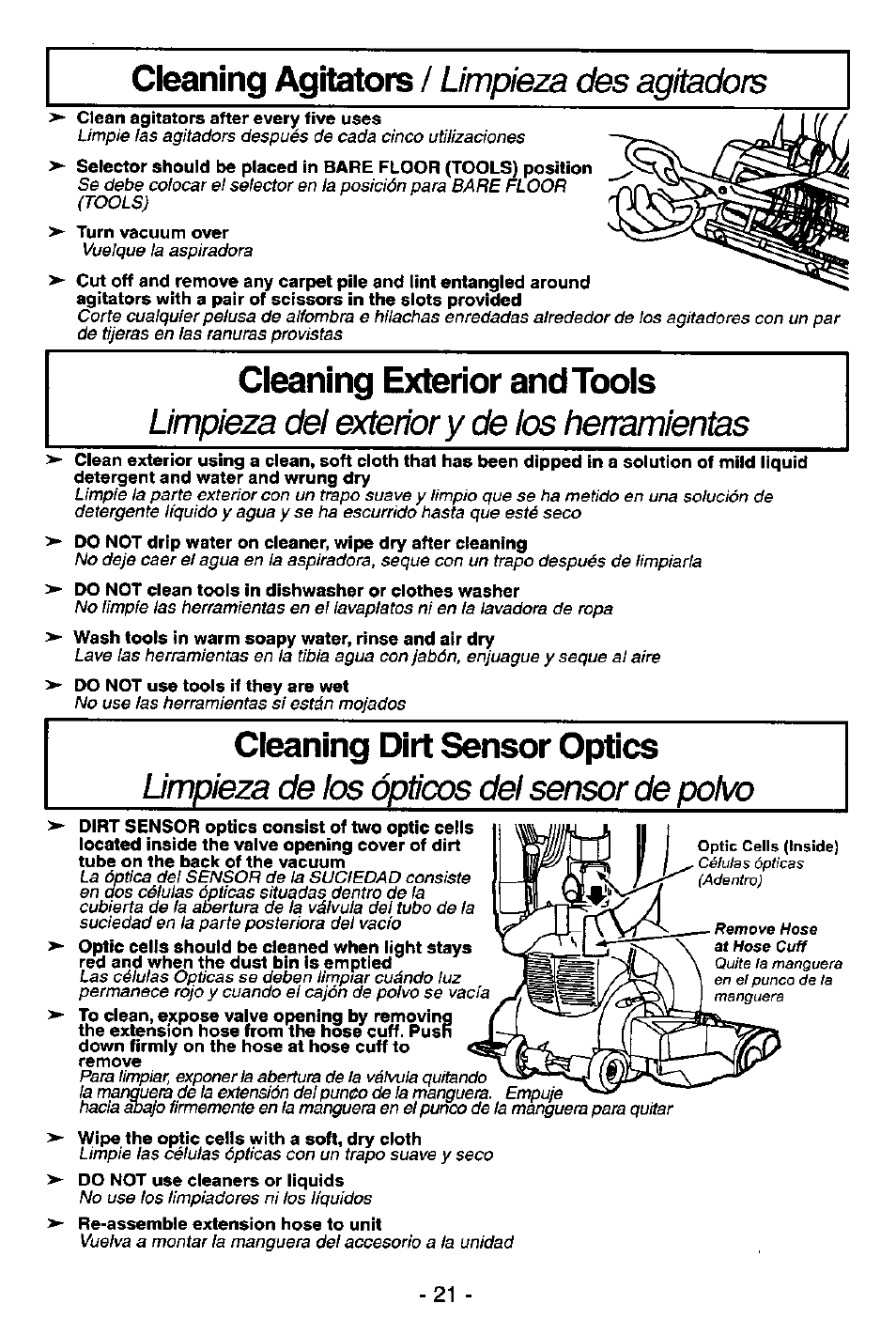 Cleaning exterior and tools, Cleaning dirt sensor optics, Células ópticas (adentro) | Quite la manguera en el punco de la manguera | Panasonic MC-V7581 User Manual | Page 21 / 28