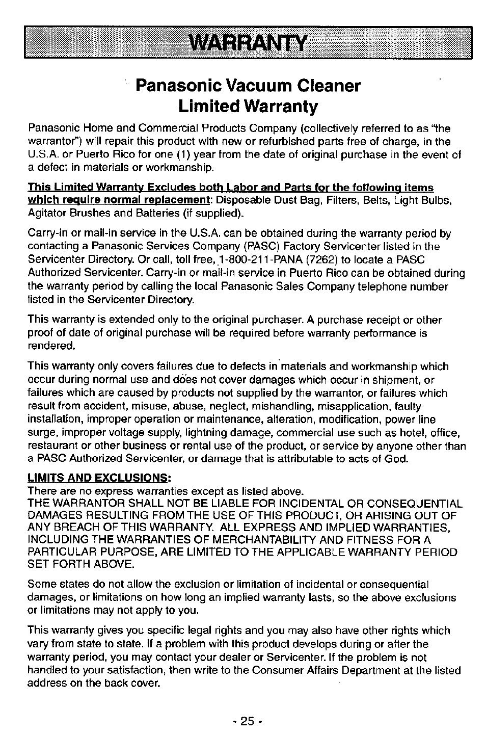 Vtfarramty, Panasonic vacuum cleaner limited warranty | Panasonic MC-V7581 User Manual | Page 25 / 28