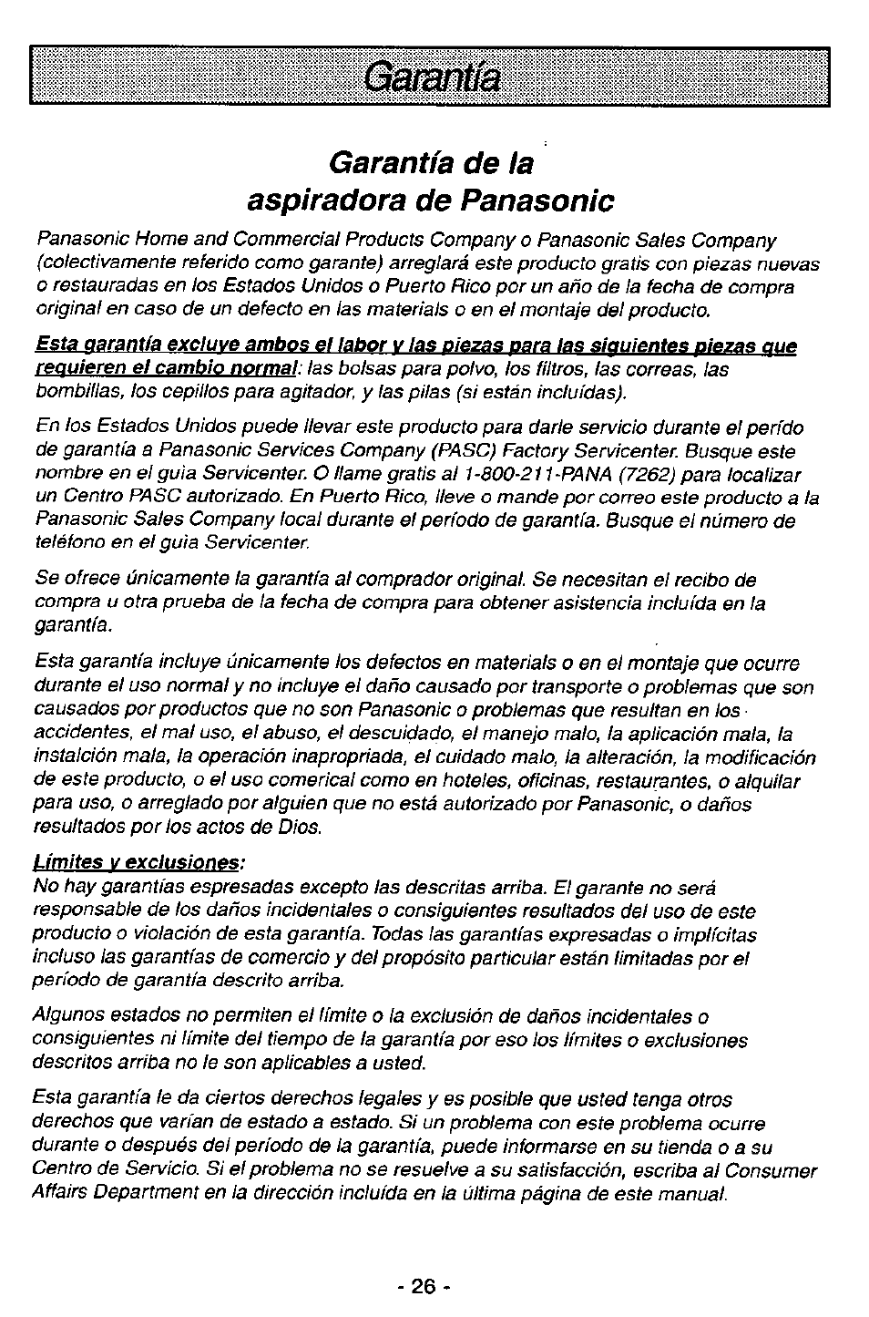 Garantía de ta aspiradora de panasonic | Panasonic MC-V7581 User Manual | Page 26 / 28