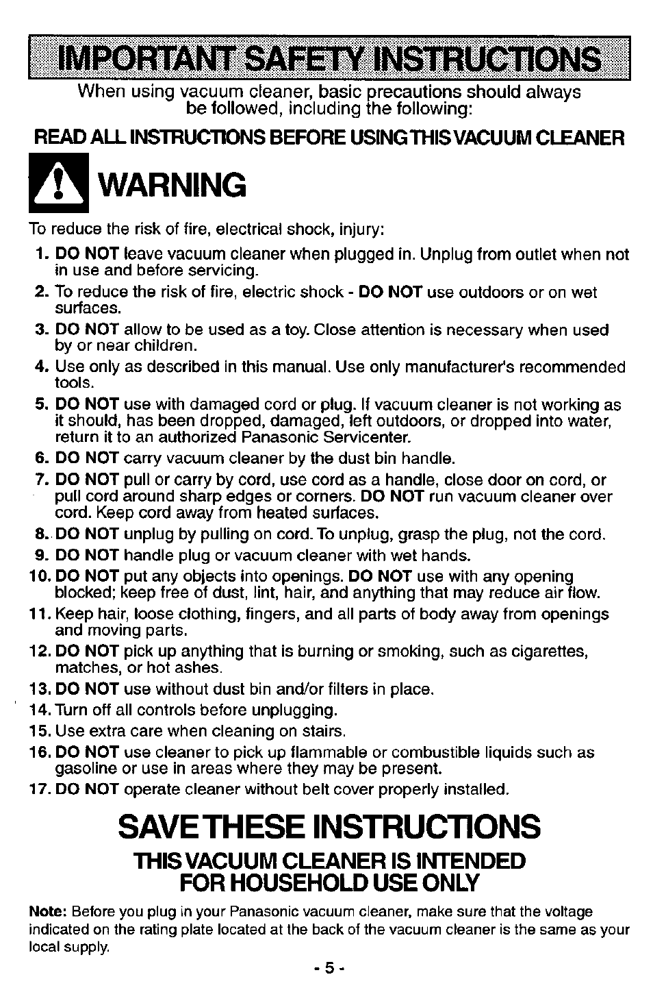 Warning, Savethese instructions | Panasonic MC-V7581 User Manual | Page 5 / 28