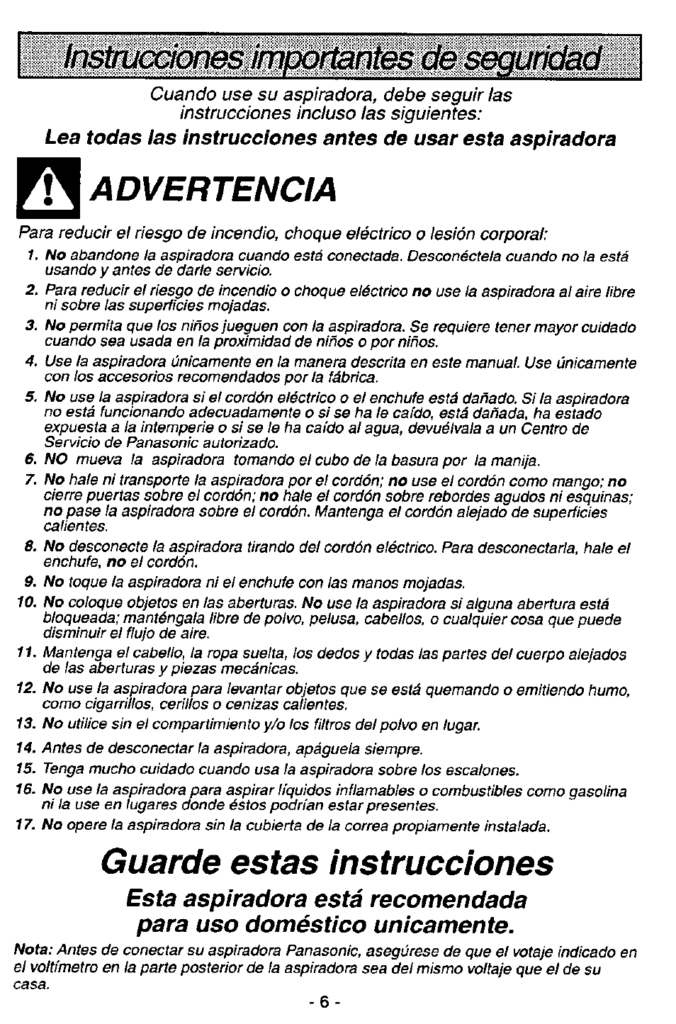 Advertencia, Guarde estas instrucciones | Panasonic MC-V7581 User Manual | Page 6 / 28