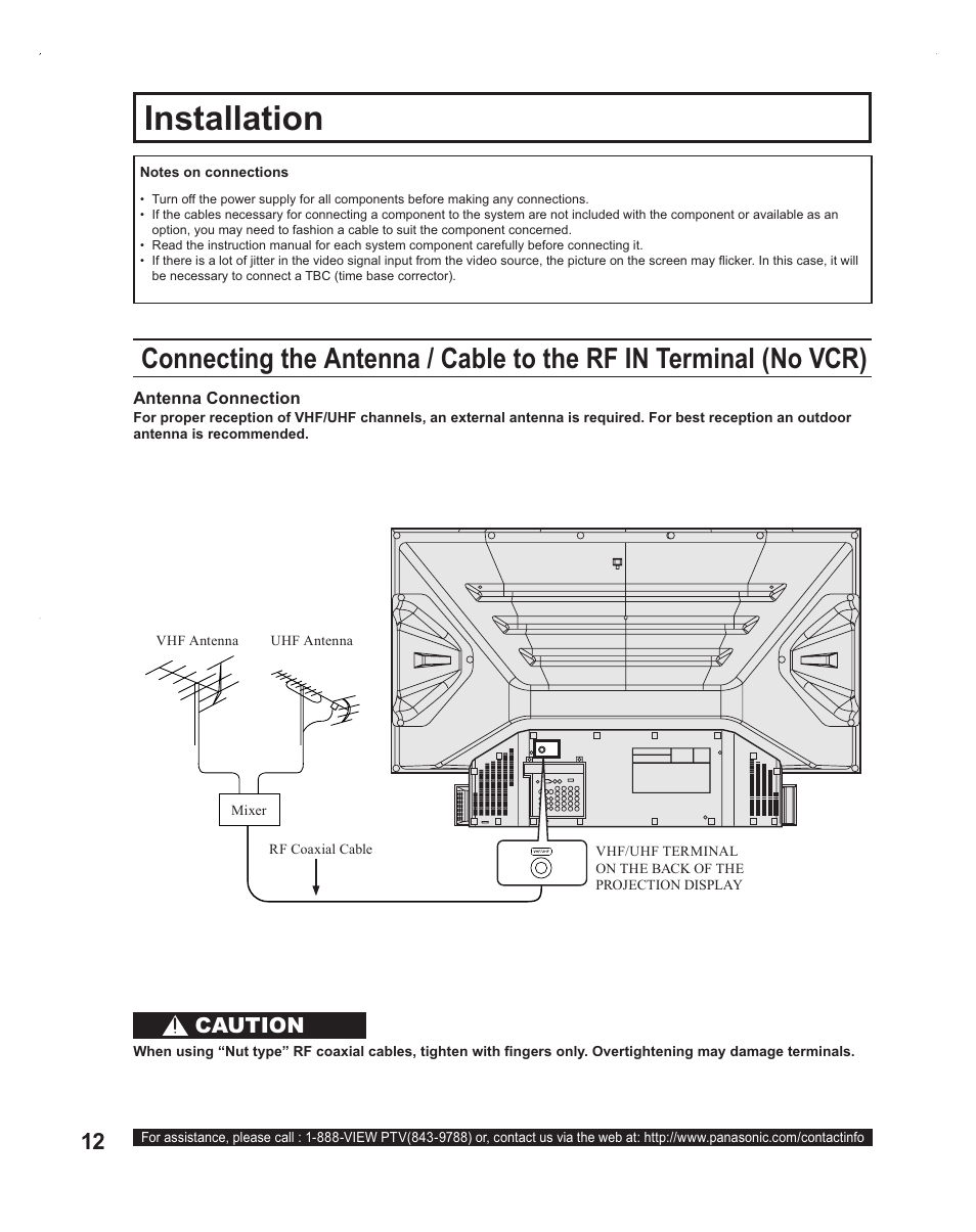 Connections, Antenna, Installation | Caution | Panasonic PT-60LC14 User Manual | Page 12 / 95