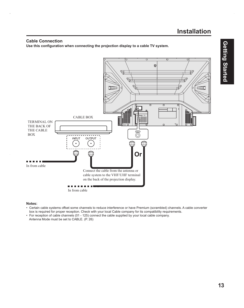 Cable, Or installation, Getting start ed 13 | Panasonic PT-60LC14 User Manual | Page 13 / 95