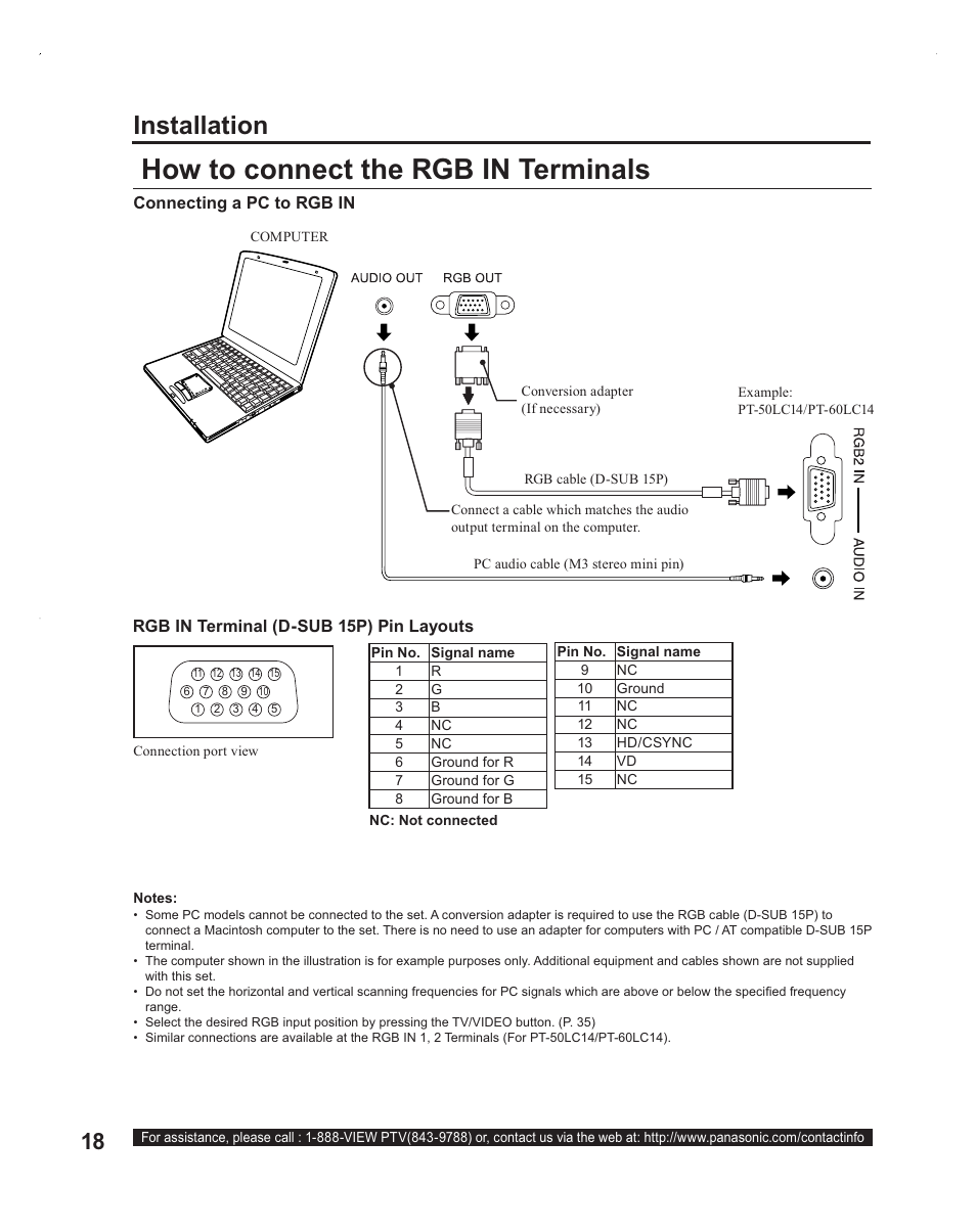 Rgb input, How to connect the rgb in terminals, Installation | Panasonic PT-60LC14 User Manual | Page 18 / 95