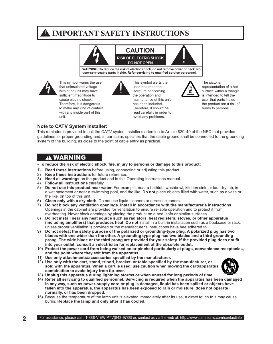 Important safety instructions, Warning | Panasonic PT-60LC14 User Manual | Page 2 / 95