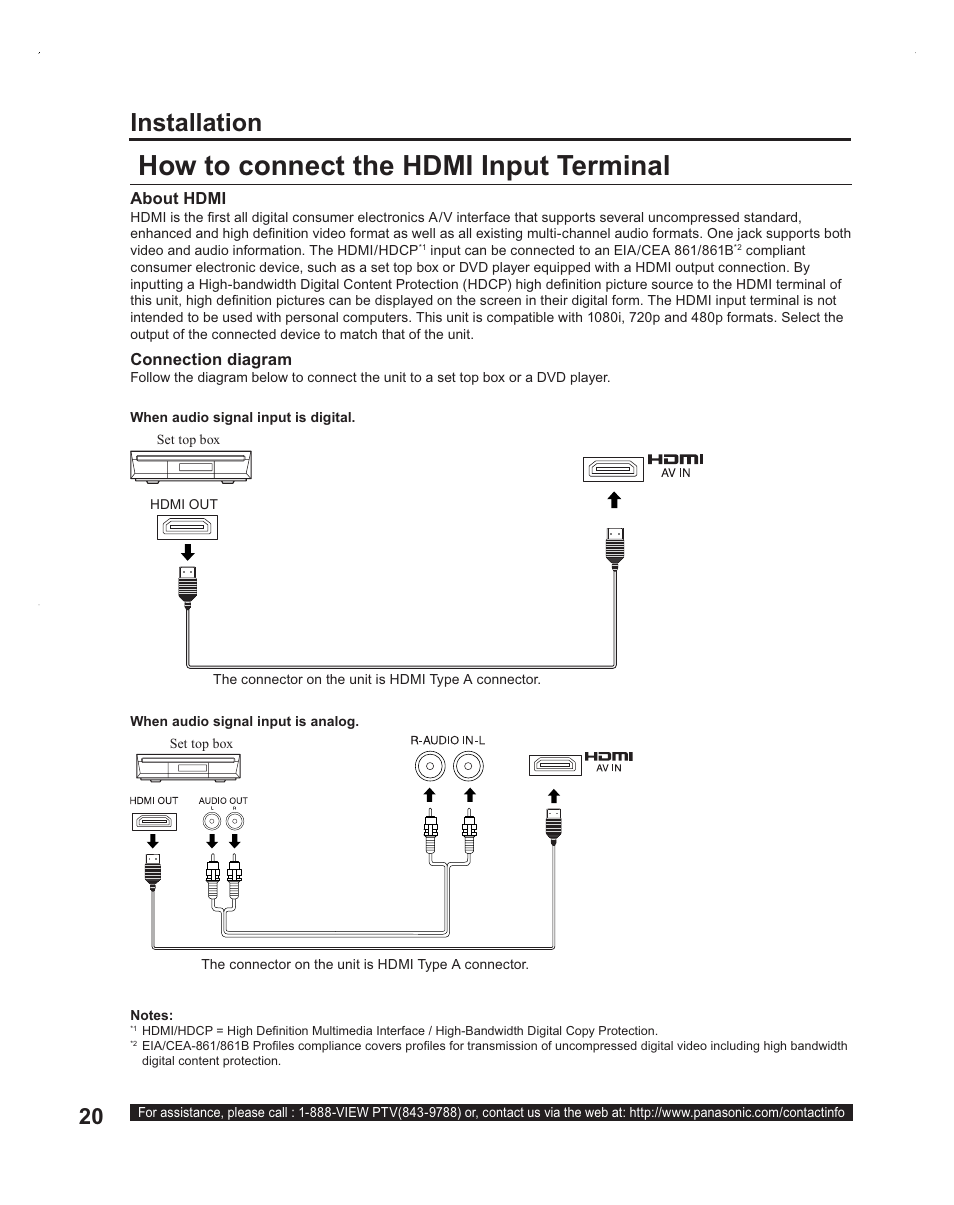 Hdmi input, How to connect the hdmi input terminal, Installation | Panasonic PT-60LC14 User Manual | Page 20 / 95