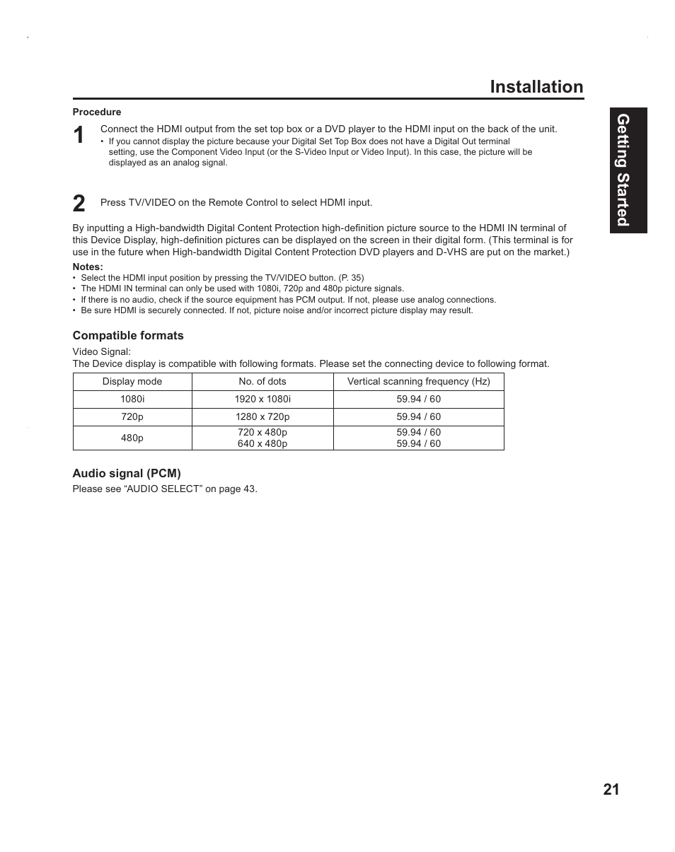 Installation, 21 getting start ed | Panasonic PT-60LC14 User Manual | Page 21 / 95